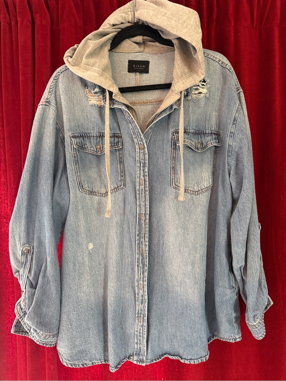 Risen Light Wash Denim Jacket with Gray Hood